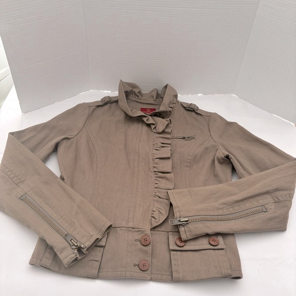 NEW COLE HAAN KHAKI DENIM JACKET DETAILED RUFFLE & ZIPPERED W/ BUTTONS SZ M - Picture 13 of 13